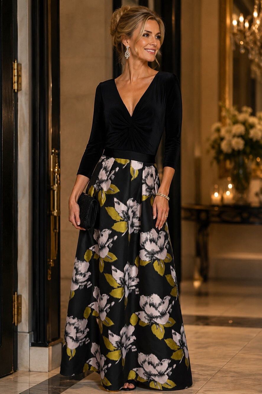 Adrianna Papell Black Bold Floral Long Gown 3/4 Sleeve Maxi Dress Size 14